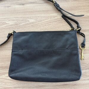Fossil Black Leather Crossbody Bag w/ Gold Key Charm